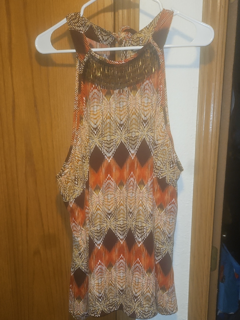 Unique Spectrum Orange Brown Chevron Halter Tank with Embellished Neckline